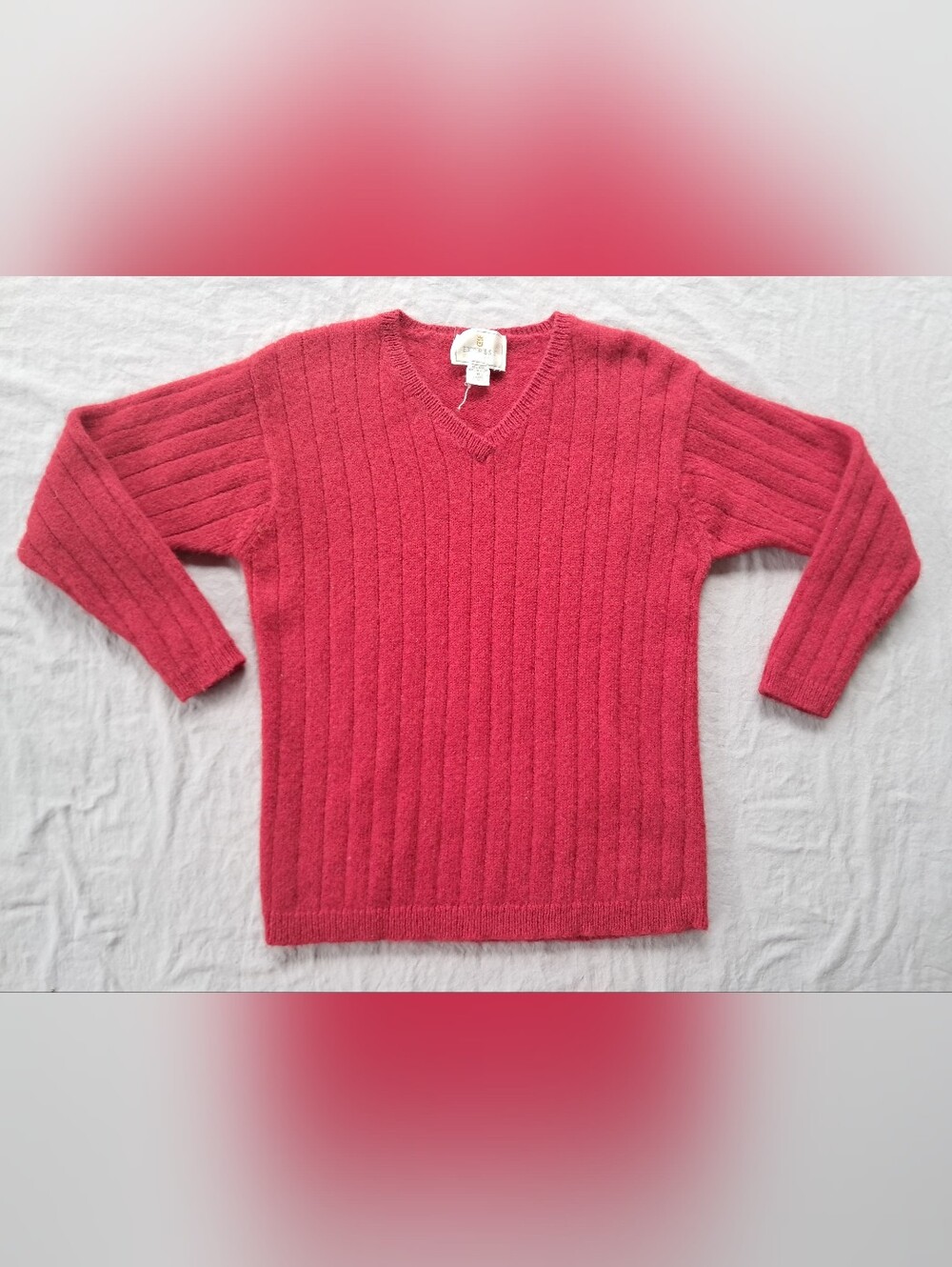 Express Tricot Women's V-Neck Ribbed Vintage Wool Sweater - Red